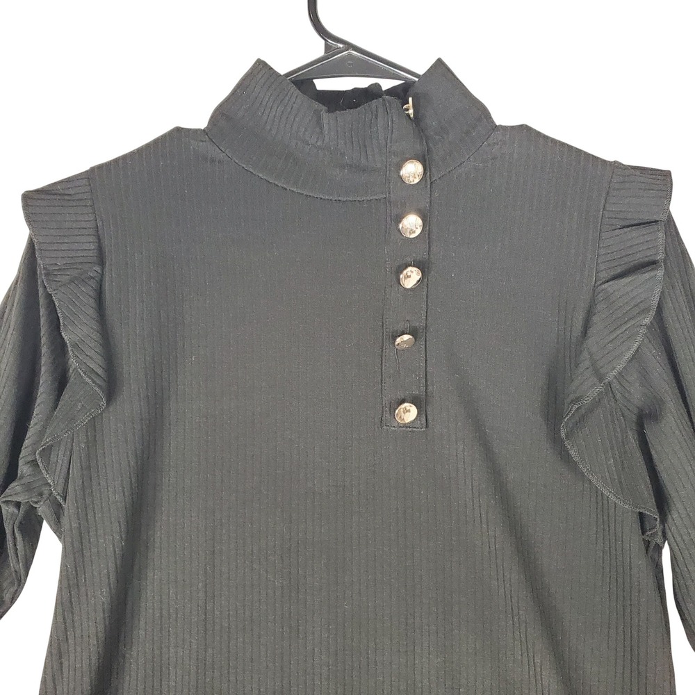 Milan Kiss Womens Black Ribbed Mock Neck Ruffle Shoulder Gold Button Top Large